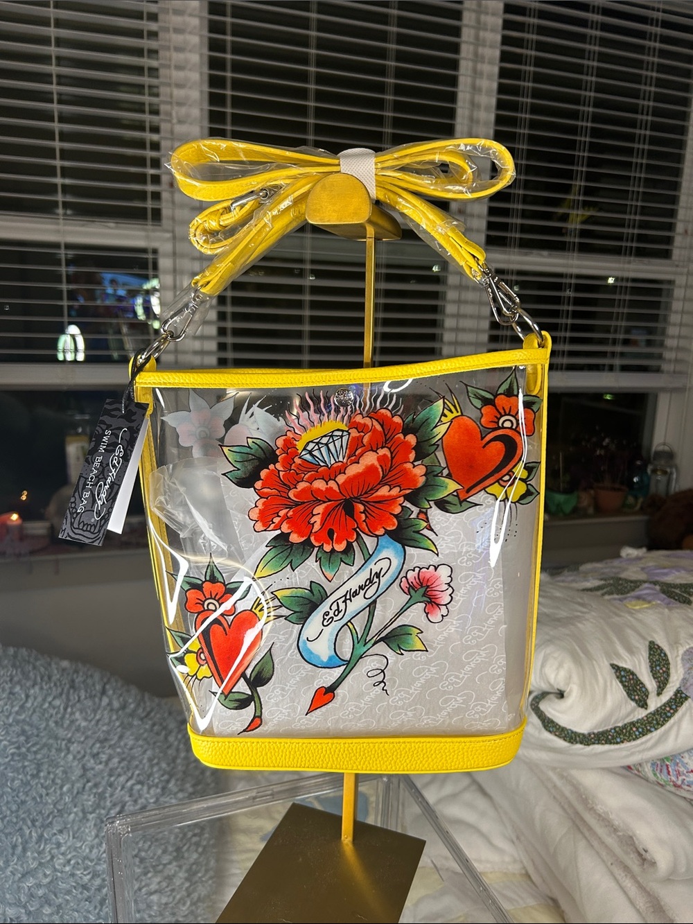 Ed Hardy Yellow Clear Tattoo Floral Swim Beach Crossbody Bag 10.5”x 4”x 10” NWT